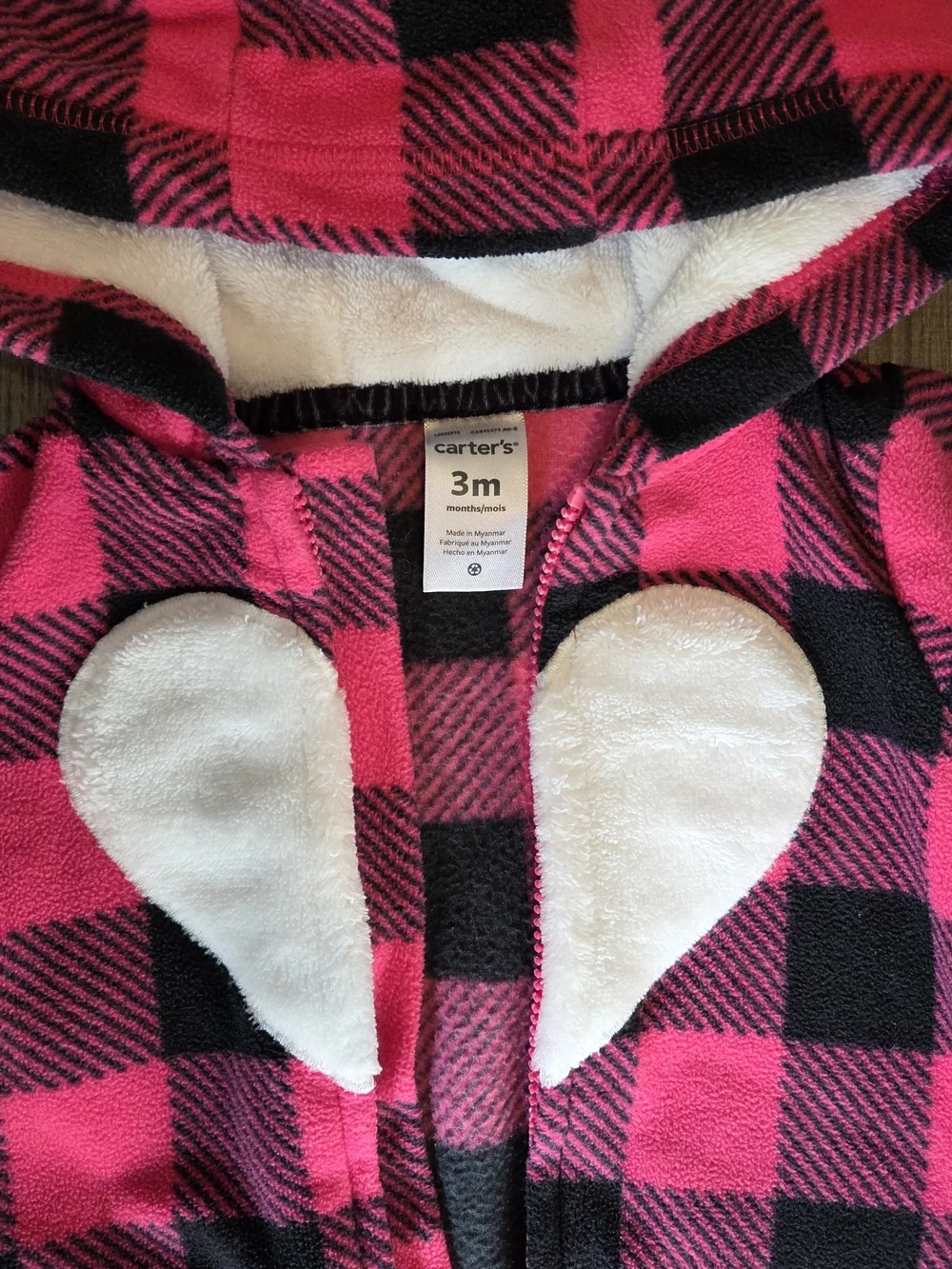 Carter's Pink and Black Buffalo Plaid Hooded One-Piece with Heart